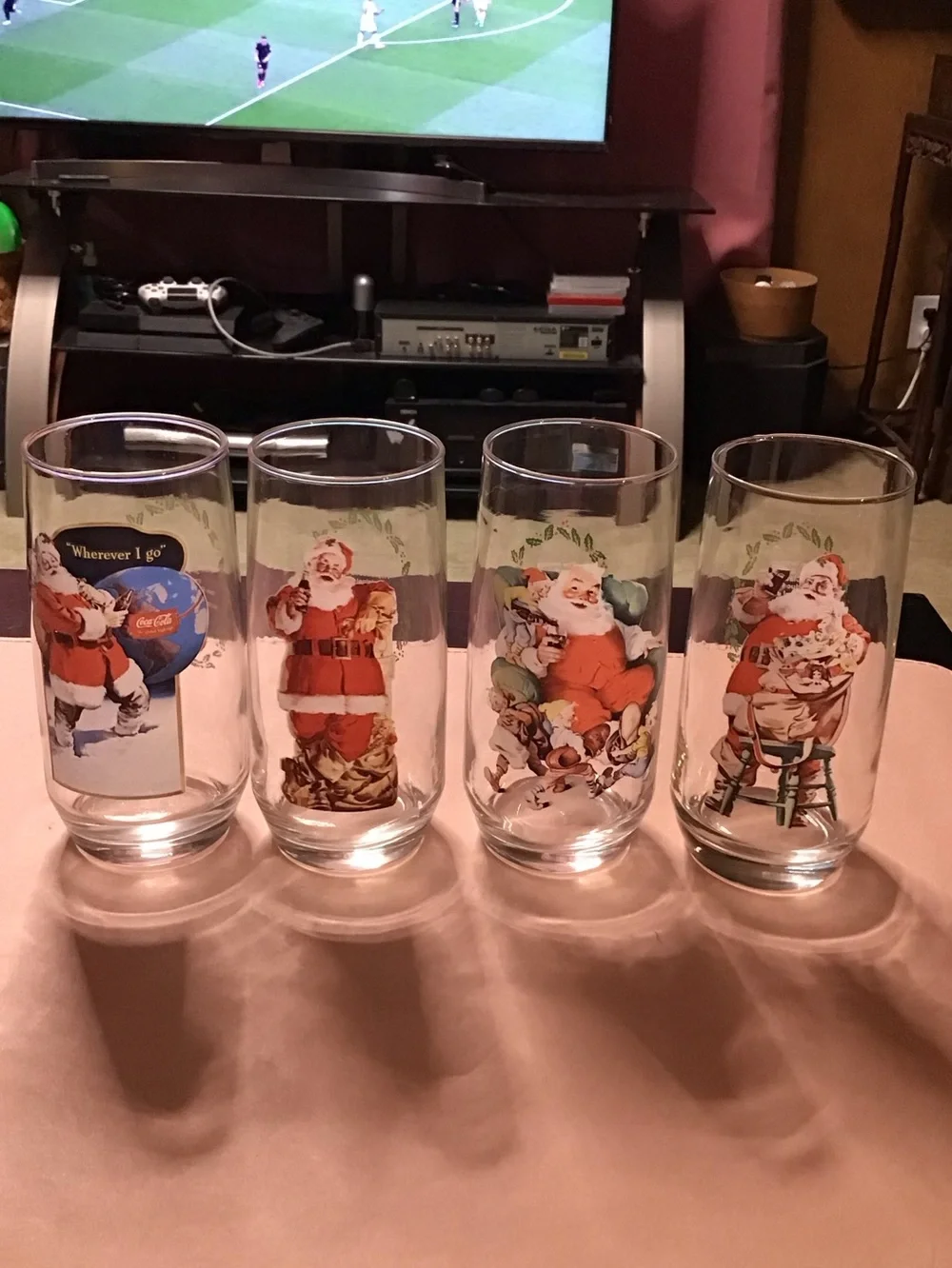4 Vintage Coca-Cola Santa Christmas Glasses Set Collectable Glassware Coke